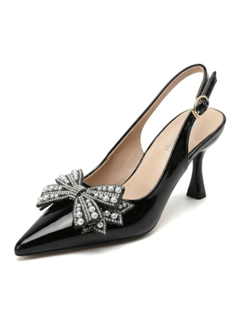 Women's Pointed Toe Kitten Heels Slingback Pumps with Pearl Bow Wedding Shoes